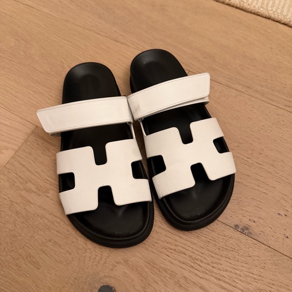 Hermes Shoes - Hermes Chypre White and Black Slide Sandals